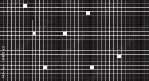 Foto Abstract black and white grid pattern with several white squares randomly placed within a dense dark lattice structure