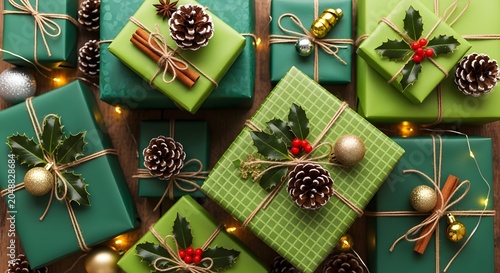 Festive Christmas gift boxes adorned with pine cones, holly, and cinnamon sticks, creating a warm and inviting holiday arrangement