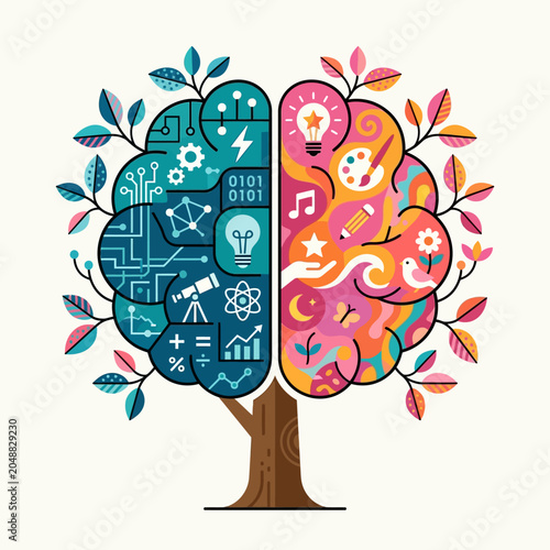 Left and Right Brain Tree Illustration Representing Logic and Creativity