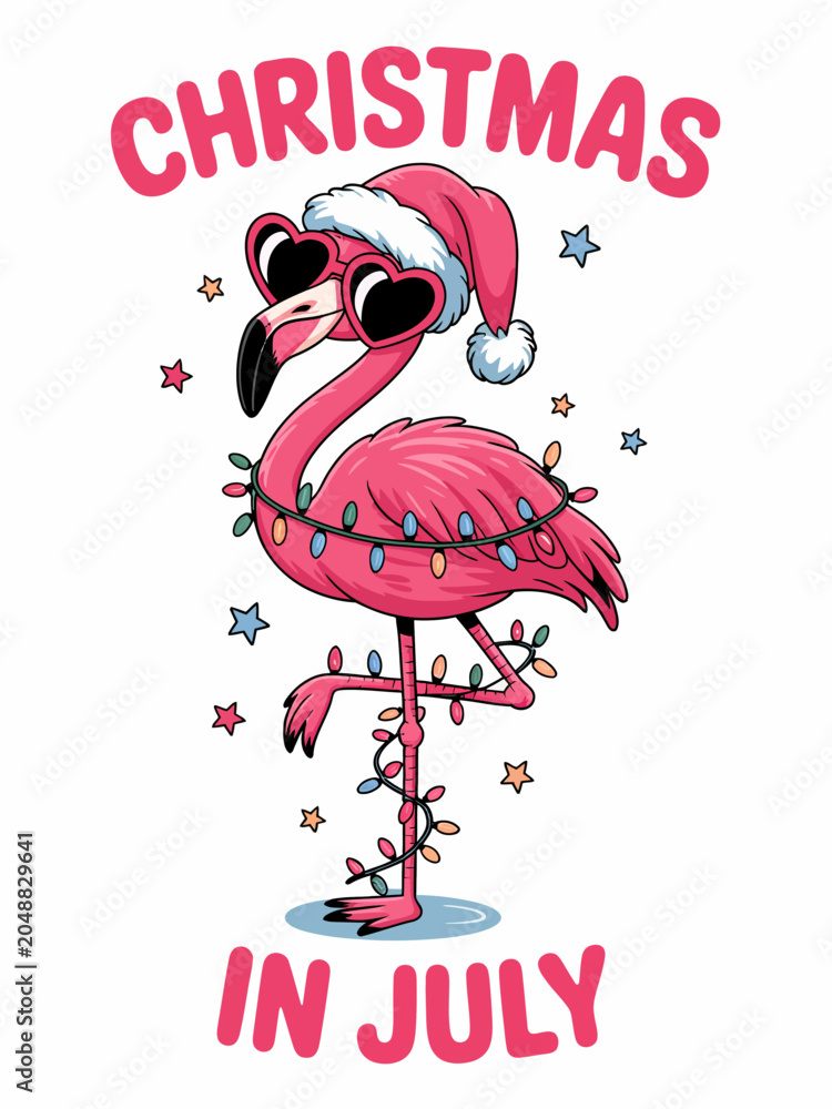 Fototapeta premium A vibrant pink flamingo is dressed up in festive holiday lights and a Santa hat. The words 'Christmas in July' add a fun twist.