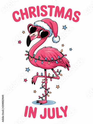 A vibrant pink flamingo is dressed up in festive holiday lights and a Santa hat. The words 'Christmas in July' add a fun twist.