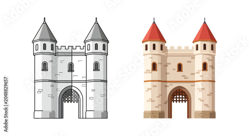 Two medieval castle gatehouse illustrations one in grayscale and one in color isolated silhouette