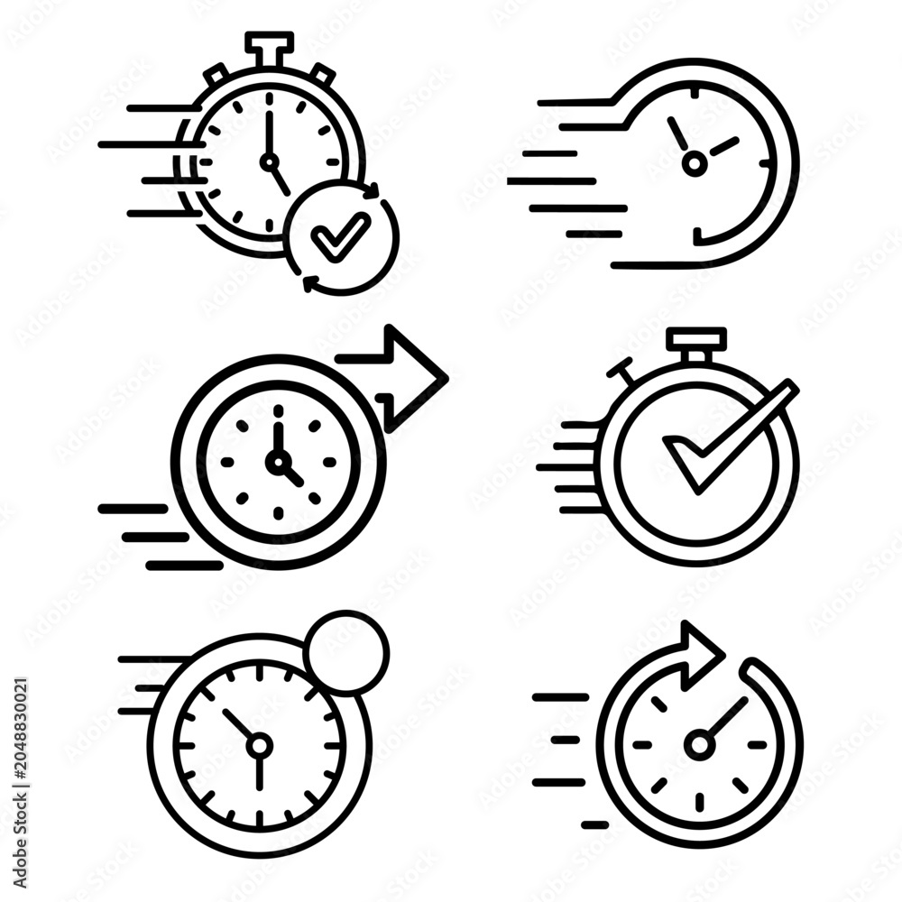 Fototapeta premium Chronometer, stopwatch, and timer line icons with checkmarks and arrows representing time optimization.