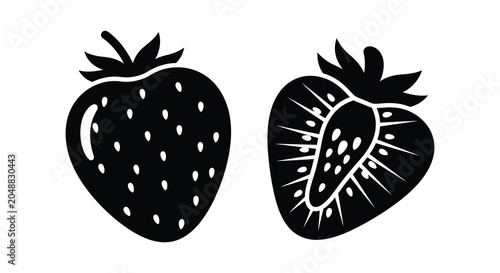 Photography Two black strawberry silhouettes with leaves and seeds on a white background sil