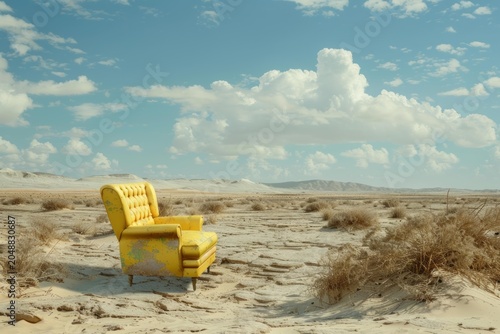 Comfortable yellow armchair placed in a dry desert landscape under a cloudy blue sky, conveying a sense of solitude and surrealism