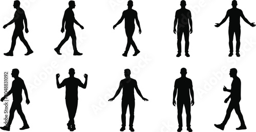 Obraz na płótnie Black silhouettes of ten standing people in varied poses and gestures, illustrat