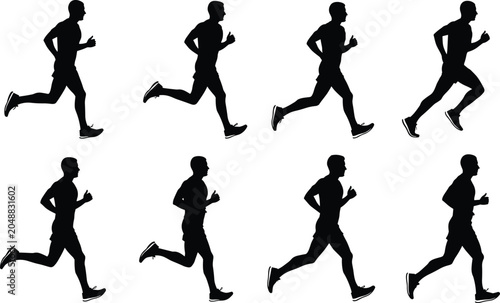 фотографія Creative collection of eight running silhouettes in stride cycle, symbolizing at