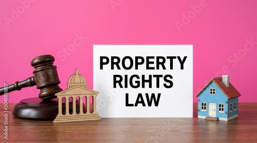 Property rights law concept with wooden judge gavel, house model and government building icon on pink background, real estate legal services