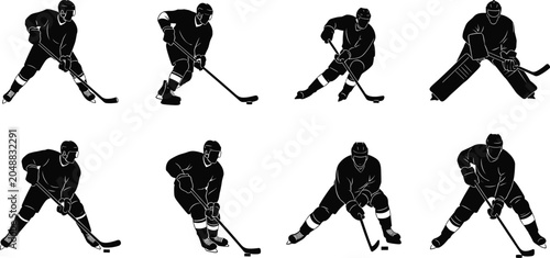 Photography Dynamic black silhouettes of ice hockey players in action poses with sticks, ska