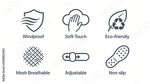 Shield, palm, and sole icons represent windproof, soft mesh, breathable, adjustable anti slip, suitable for outdoor jackets and sports insoles.
