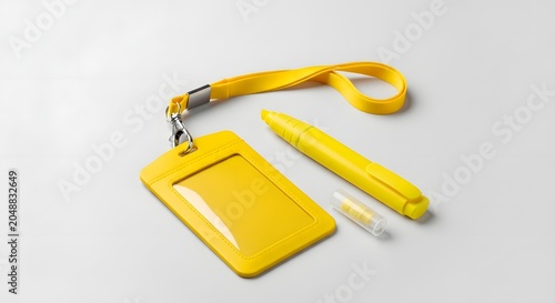 Yellow ID Badge Holder with Matching Lanyard and Pen Professional Stationery Mockup Set for Corporate Identification and Event Access