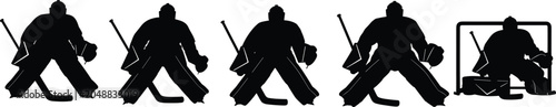 Fotografija Five black silhouettes of ice hockey goalies in crouched stance with sticks and