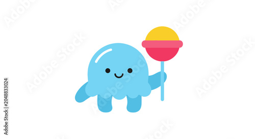 Photography Cute Blue Cartoon Monster Holding a Lollipop on White Background