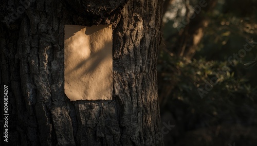 Unwritten vertical paper card attached to rustic tree surface