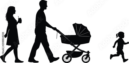 Foto Silhouette of family walking outdoors with stroller and child, illustrating ever