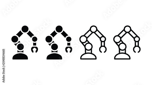Bild auf Leinwand Set of four industrial robotic arms with grippers depicted in both solid black a