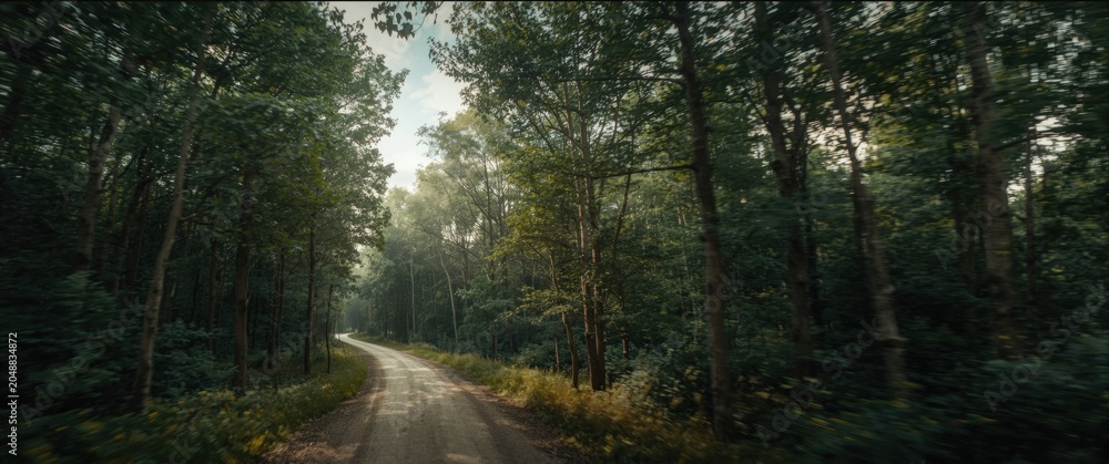 Obraz premium sky view of a quiet dirt road weaving through lush woodland