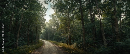 sky view of a quiet dirt road weaving through lush woodland