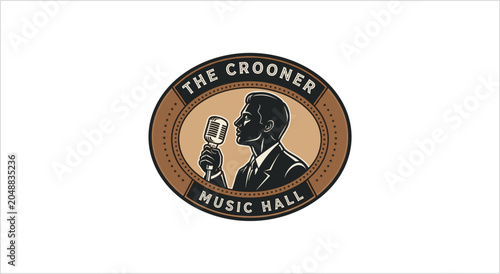 Obraz na plátně Vintage Crooner Music Hall Logo with Singer and Microphone.