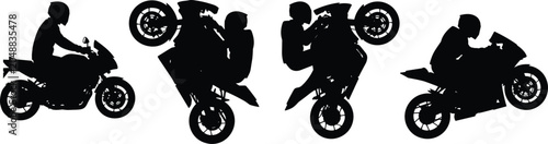 Bild auf Leinwand Silhouettes of motorcyclist performing wheelie stunt sequence, symbolizing speed