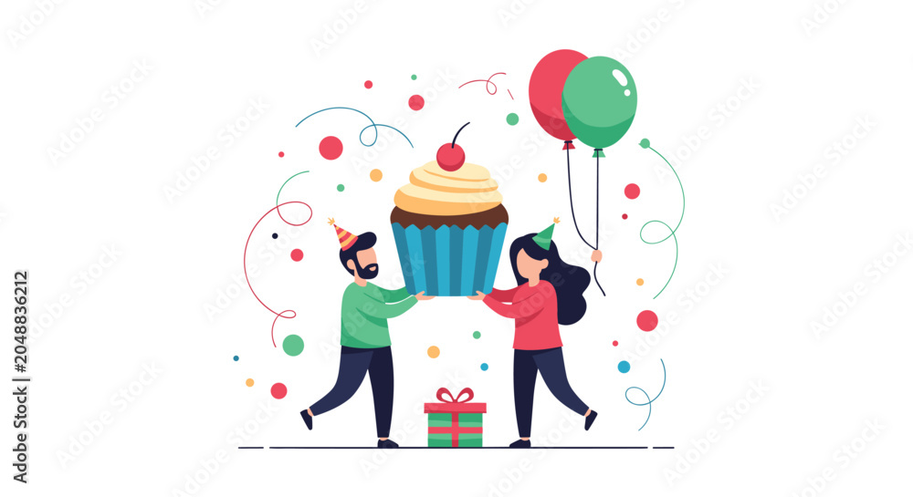 Fototapeta premium Happy man and woman wearing party hats holding a giant cupcake with a cherry on top surrounded by colorful confetti and balloons.