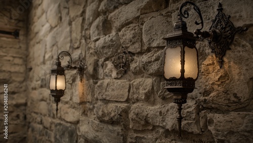 traditional vintage lamps affixed to a natural stone wall backdrop