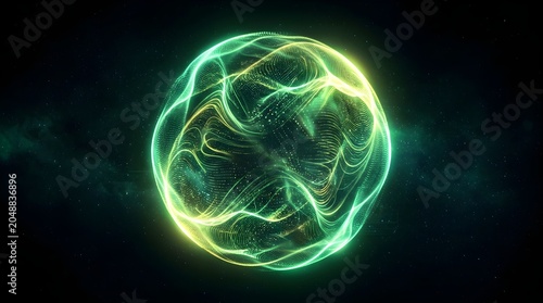 Glowing Green Energy Orb with Yellow Accents in Dark Space