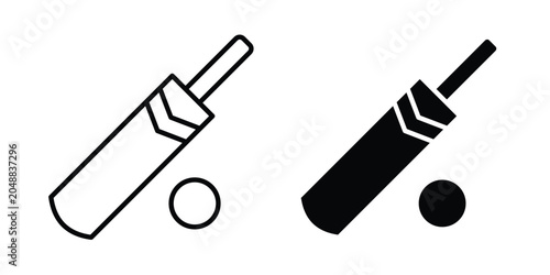 Bild auf Leinwand Cricket bat and ball icon. line and filled black pictograms.