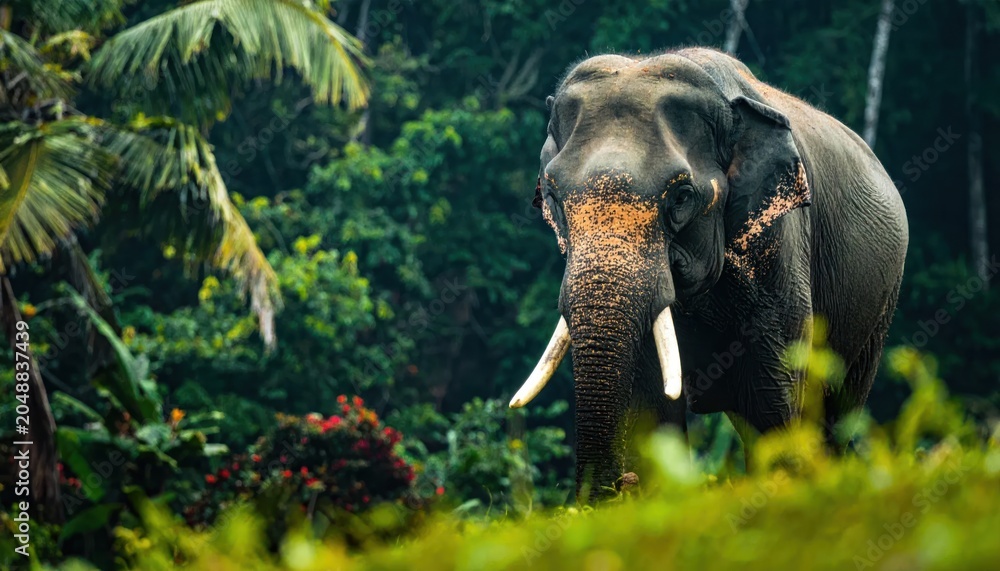 Fototapeta premium An Asian elephant stands majestically, surrounded by lush green foliage in a tropical setting