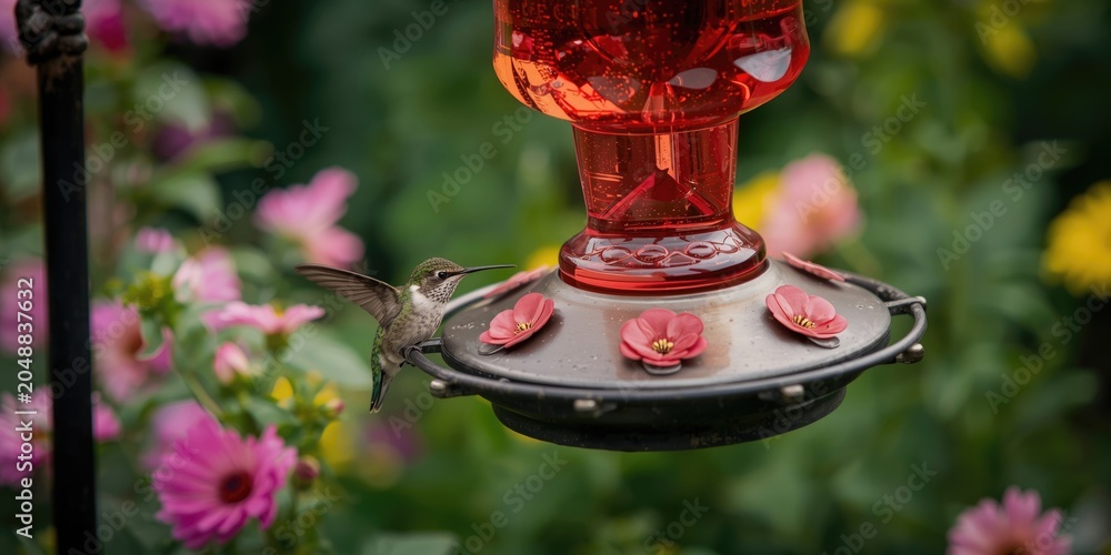 Obraz premium Timeless hummingbird feeder set in a garden thriving with colorful flowers