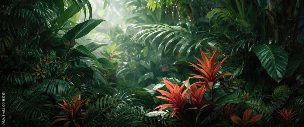 Obraz premium Lush tropical forest composition showcasing rich green leaves and vibrant flowering plants