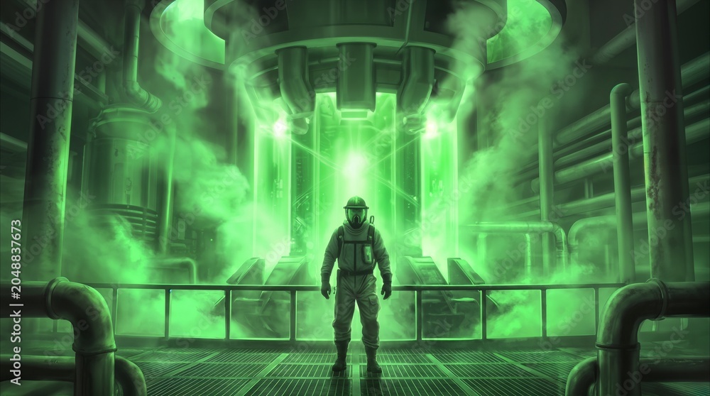 Obraz premium Hazmat suit worker standing before a glowing green reactor core in a high-tech industrial facility. Toxic gas and steam filling the research laboratory during a critical experiment.