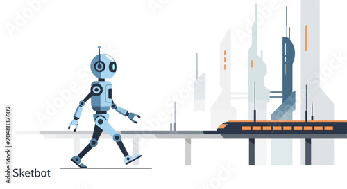 Canvastavla Futuristic robot walking by elevated train and modern cityscape