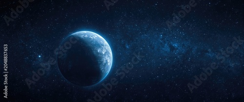 Isolated planet under a vivid blue celestial dome with glittering stars