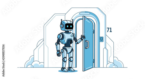 Robot opening futuristic door, inviting entry into new technology, AI concept