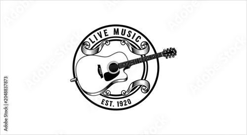 Schilderij op canvas Vintage Acoustic Guitar Emblem Live Music Est 1920.