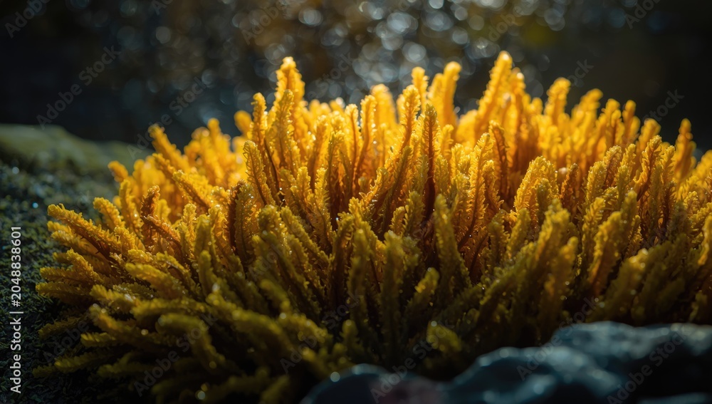 Naklejka premium Sunlit golden sea moss Euchema cottonii on coastal display