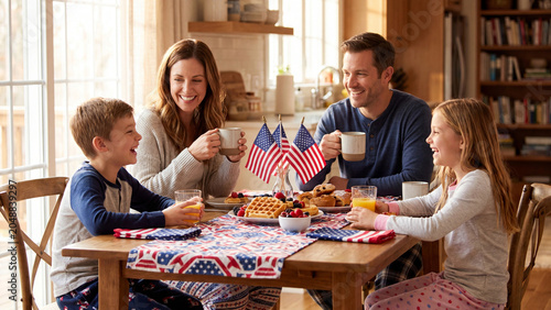 Parents and two children share a cheerful morning meal at a kitchen table decorated with American flags and patterned runners, enjoying waffles and orange juice in a bright, sunlit home.