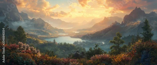 Panel kuchenny z motywem Nature inspired colorful background design showcasing a stunning fantasy landscape painting with vibrant light bursts