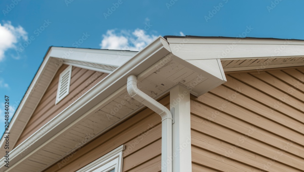 Fototapeta premium Horizontal vinyl siding enhanced by white gutter guard system including fascia, drip edge, and soffit on family house