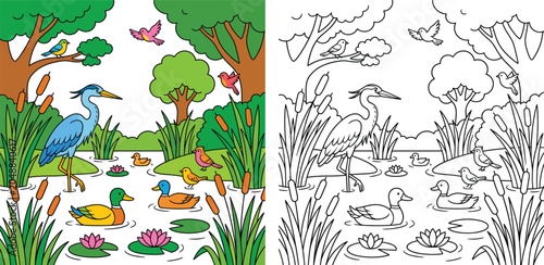 Canvastavla Heron and Ducks in a Nature Pond Scene with Lily Pads and Reeds Colored and Blac