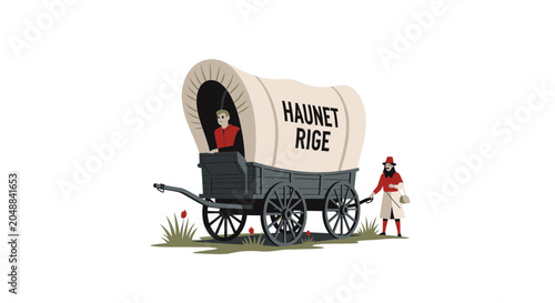 Obraz na płótnie Pioneer Wagon with Woman and Child, Westward Expansion, Vintage Travel Illustrat