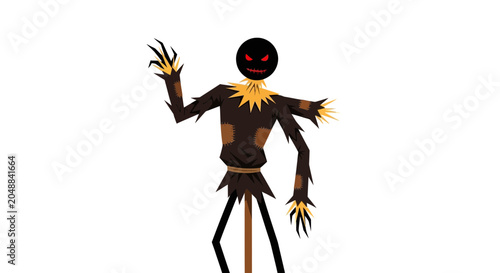 Tableau sur toile Scary Scarecrow with Spooky Face and Waving Arms Isolated on White