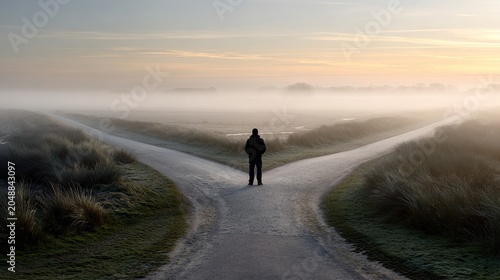 fork. A person at a fork in a road, two paths into a misty morning landscape. wellbeing guides, coaching materials, designed for coaching and self-improvement content, used by architects.