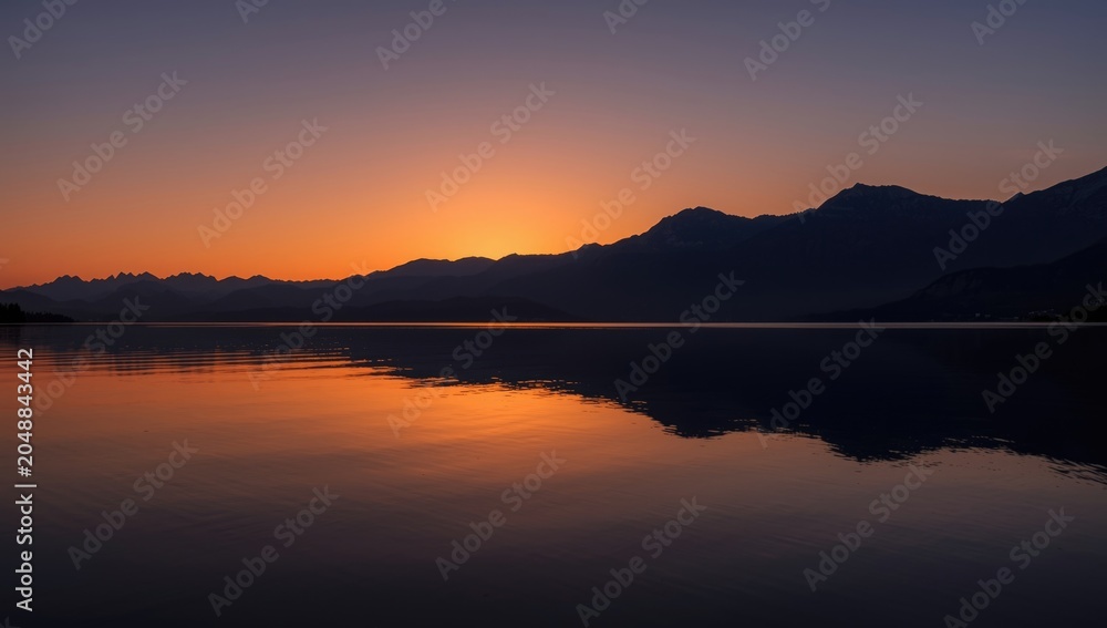 Naklejka premium Sunset glow over mountain range mirrored in tranquil water