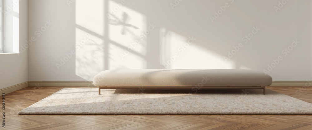 Fototapeta premium Rendered interior of a contemporary living space featuring a sofa and carpet next to a white wall with parquet flooring