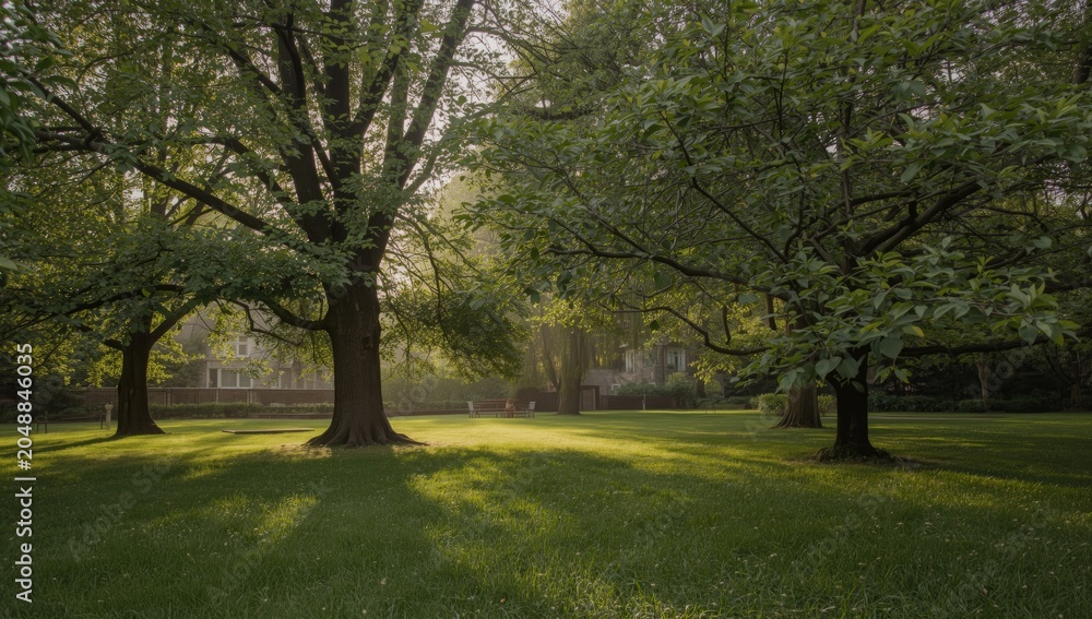 Obraz premium Serene natural garden with green trees and soft morning light perfect for picnic relaxation