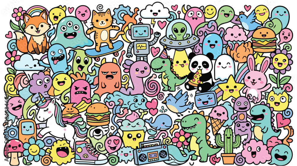 Naklejka premium A colorful illustration of various cartoon animals and objects gathered together in a fun scene with creatures and emojis.