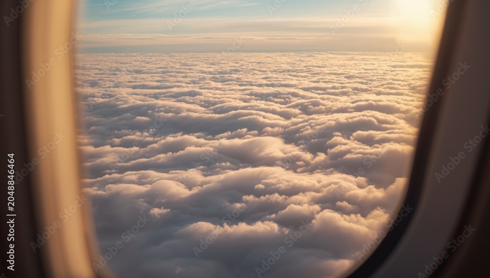 Obraz premium soft cloud blanket seen from aircraft porthole in daylight