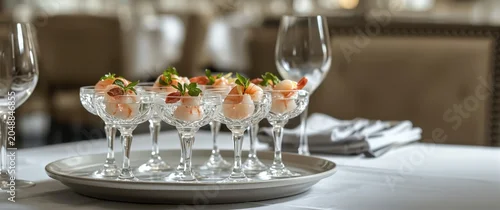 Obraz  z motywem Savory shrimp seafood shooters with fresh herb accents in upscale glasses